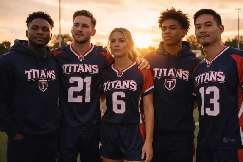 Team wearing custom jerseys and hoodies standing together on a field during sunset with strong team branding.