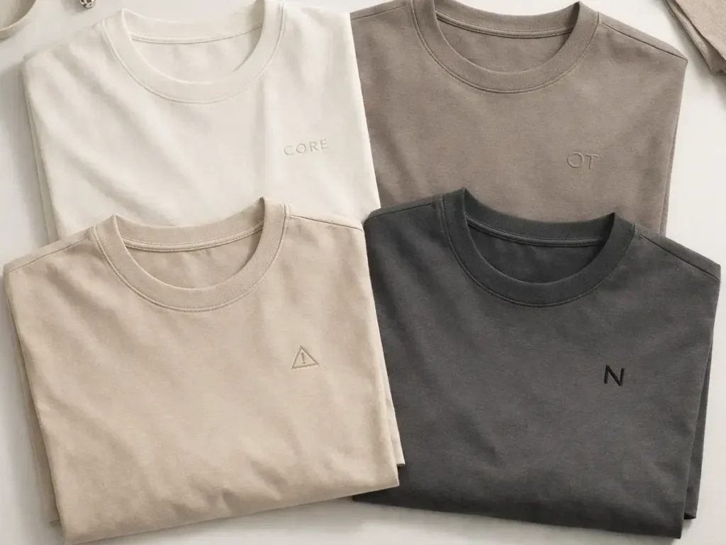 Premium custom t-shirts folded neatly with minimalist embroidered logo designs.