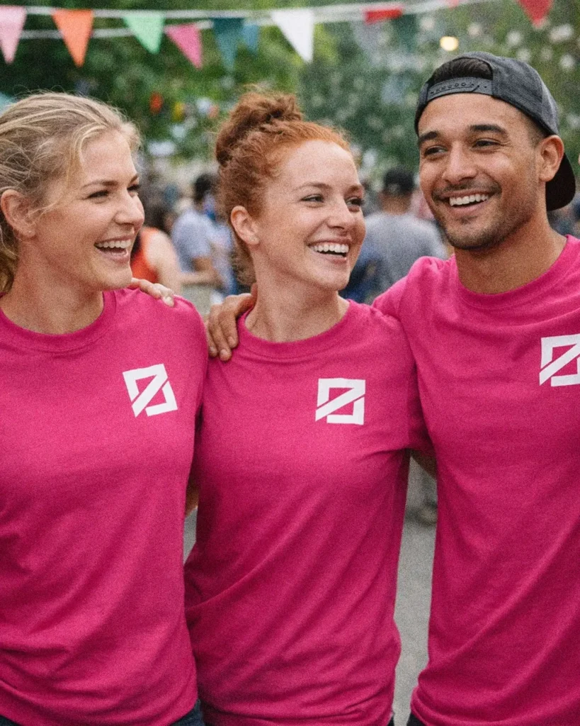 Group wearing matching custom t-shirts at an outdoor event.