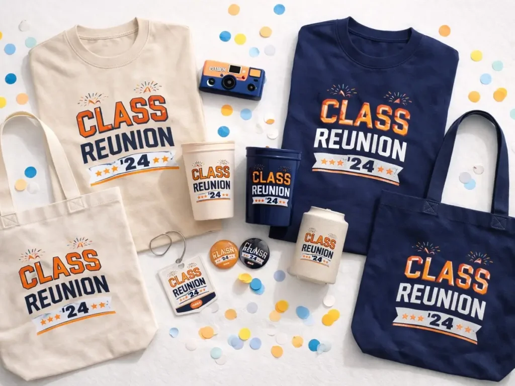 Event merchandise bundle with custom reunion shirts, tote bags, cups, badges, and keepsake items.