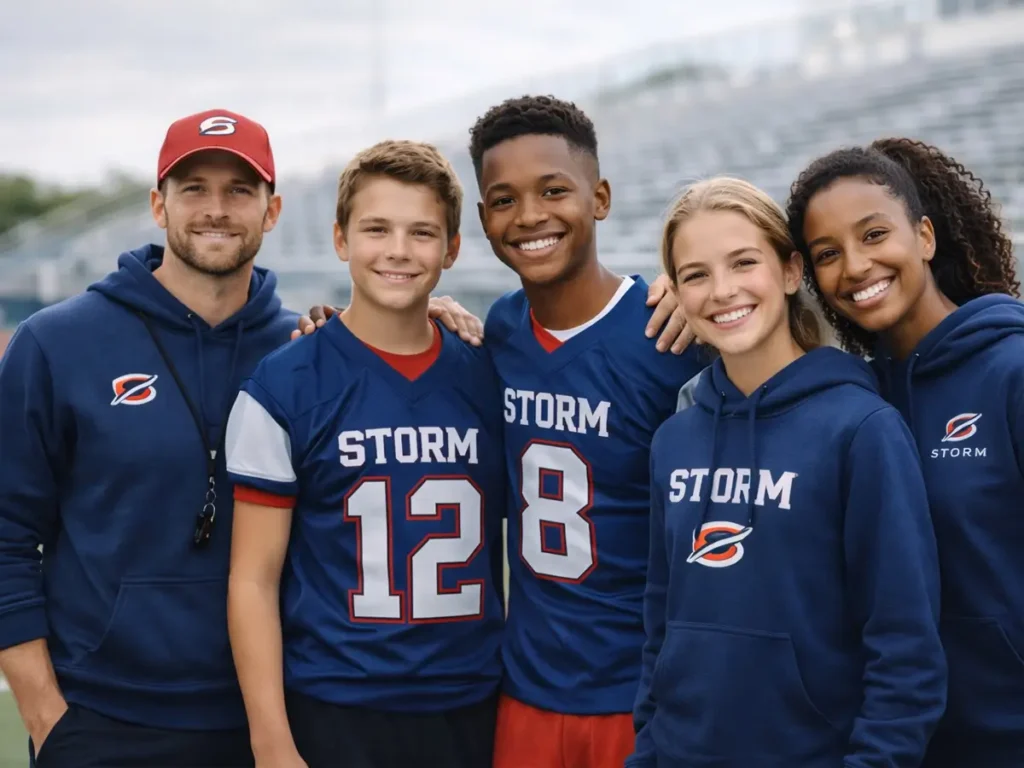 Custom team apparel with matching football jerseys and hoodies for players, coaches, and fans.