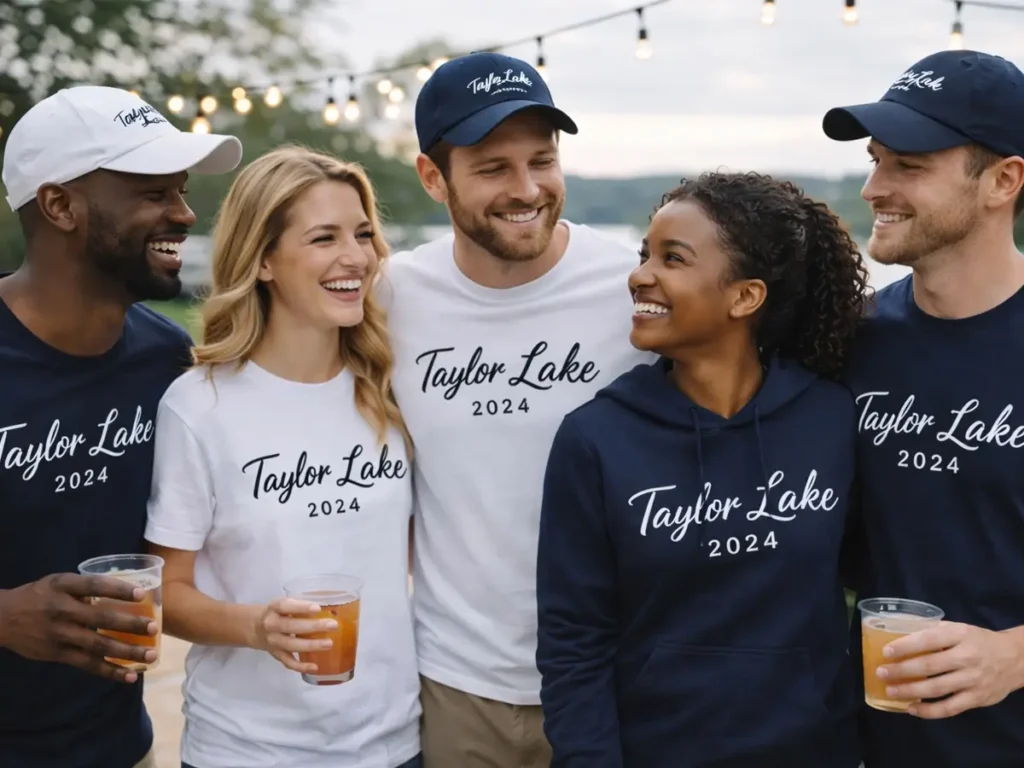Custom event apparel with matching reunion shirts and hoodies for a group celebration outdoors.