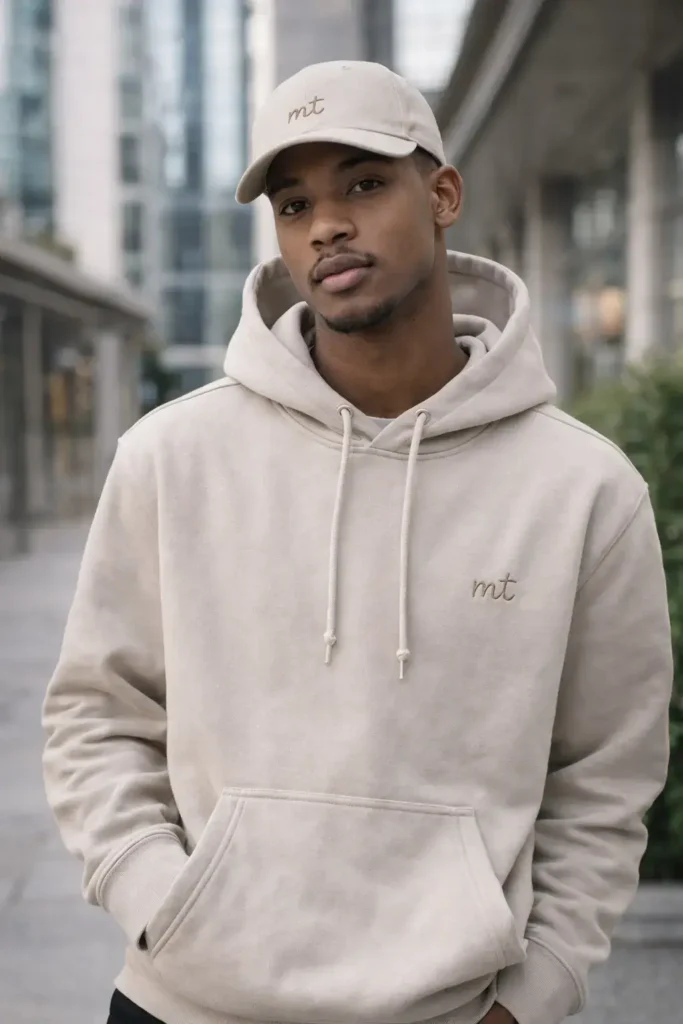 Male model wearing a clothing brand hoodie.