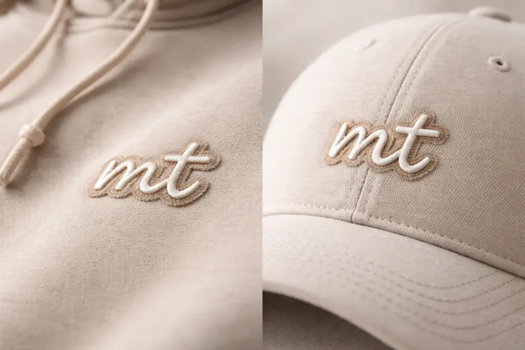 Close-up of custom embroidered hoodie and hat with minimal logo branding in a neutral premium style.