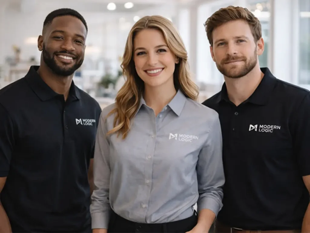 Small business team wearing branded custom polos and button-down shirts in a professional office setting.