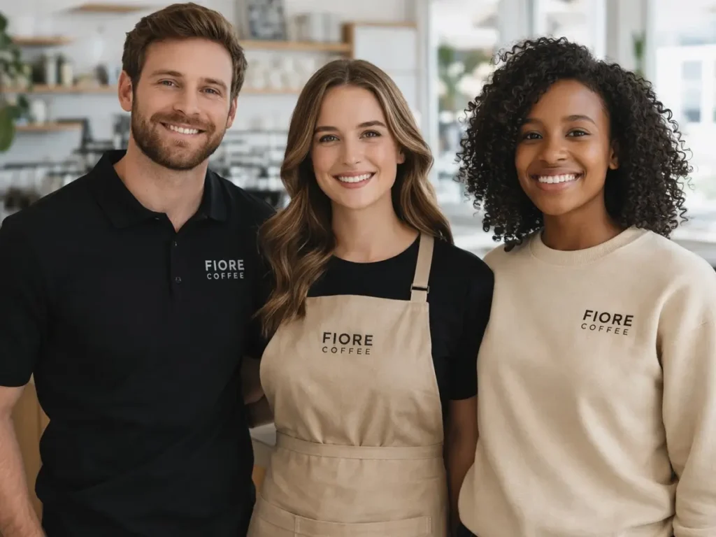 Small business custom apparel with branded coffee shop uniforms for staff and team members.