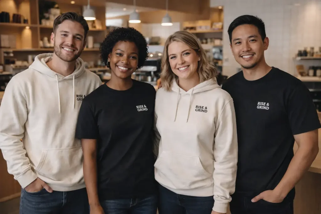 Small business team wearing branded custom t-shirts and hoodies inside a modern coffee shop.