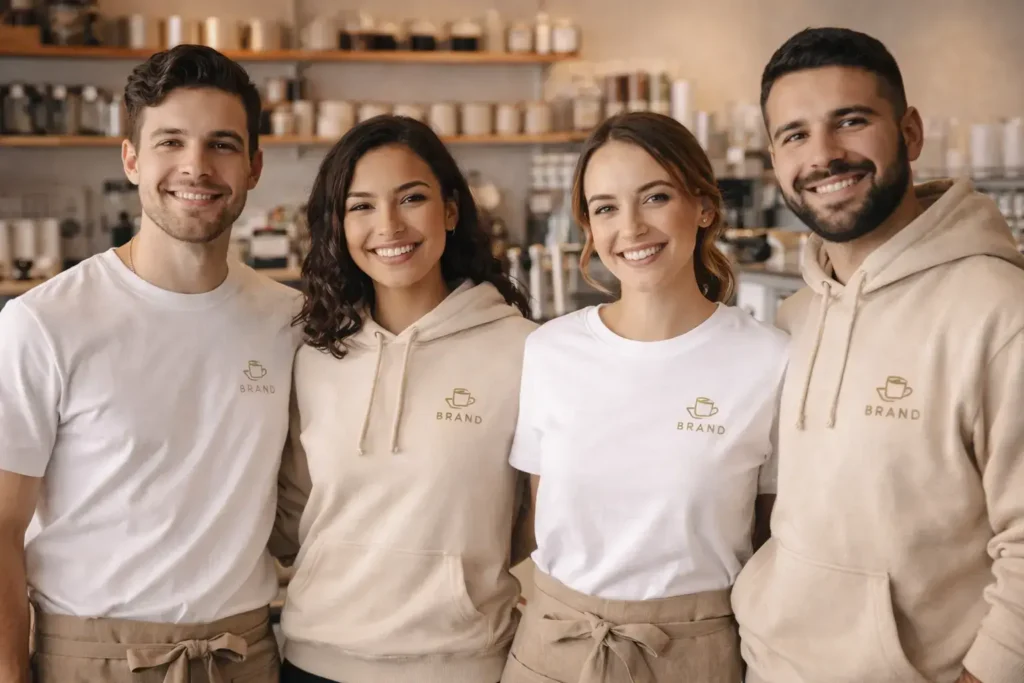 Coffee shop staff wearing custom branded t-shirts and hoodies for a small business.