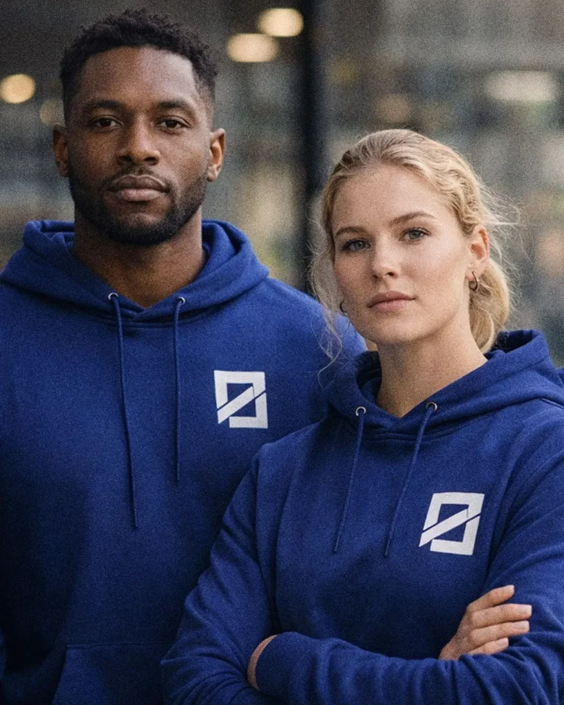 Team wearing matching custom hoodies for group branding.