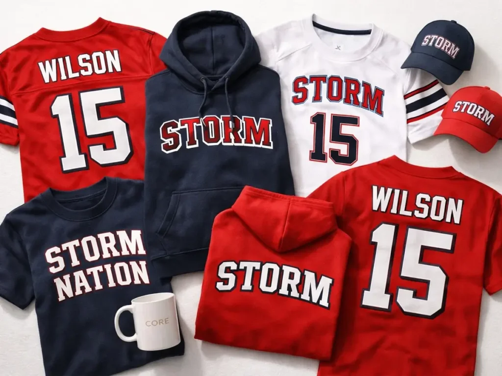 Team spirit merch bundle with custom jerseys, hoodies, shirts, hats, and fan apparel.