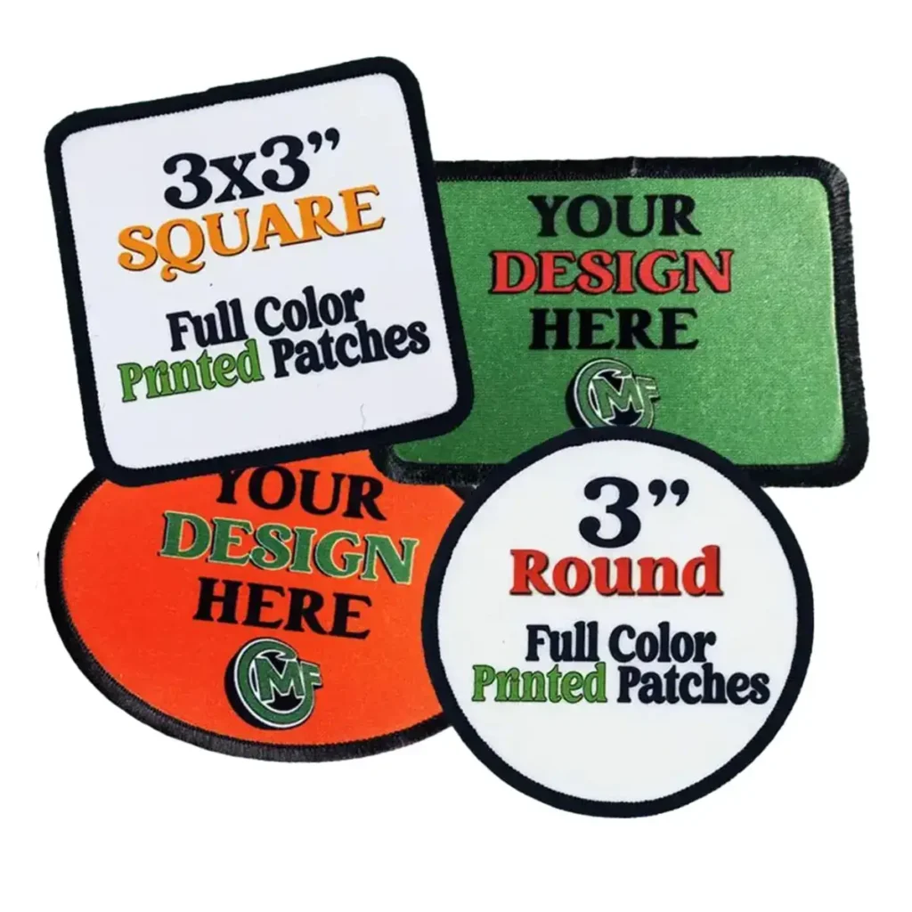 Collection of custom 3 inch full color printed patches in square and round shapes with sample designs.