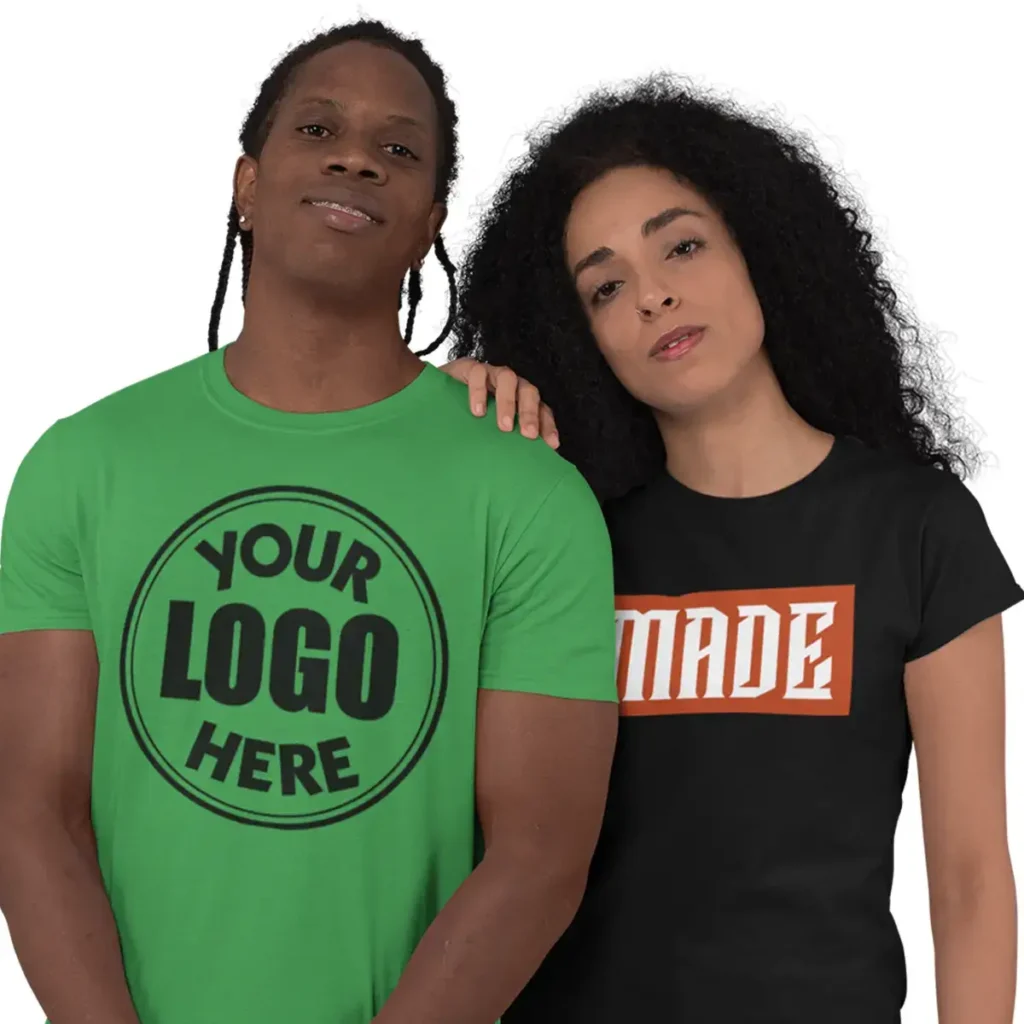 Two models wearing custom t-shirts, one green with “Your Logo Here” design and one black with MADE logo.